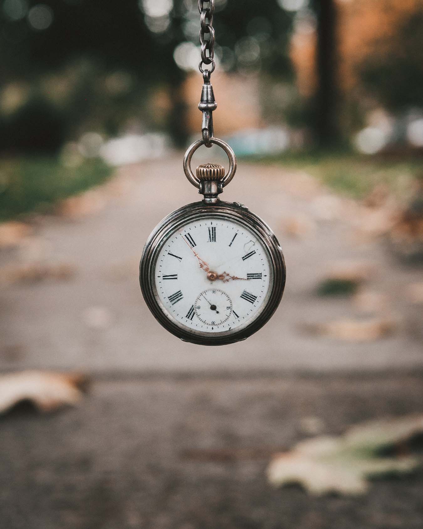 An old pocket watch hangs over a walkway on which autumn leaves lie.