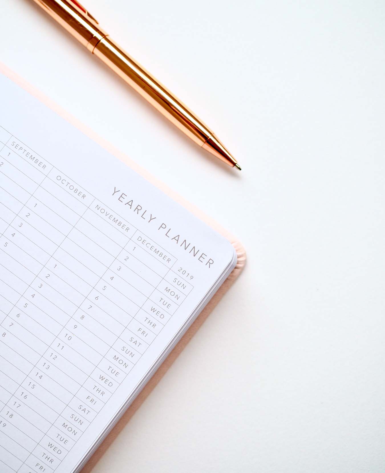 Copper-colored, shiny metallic pen lying next to the organizer