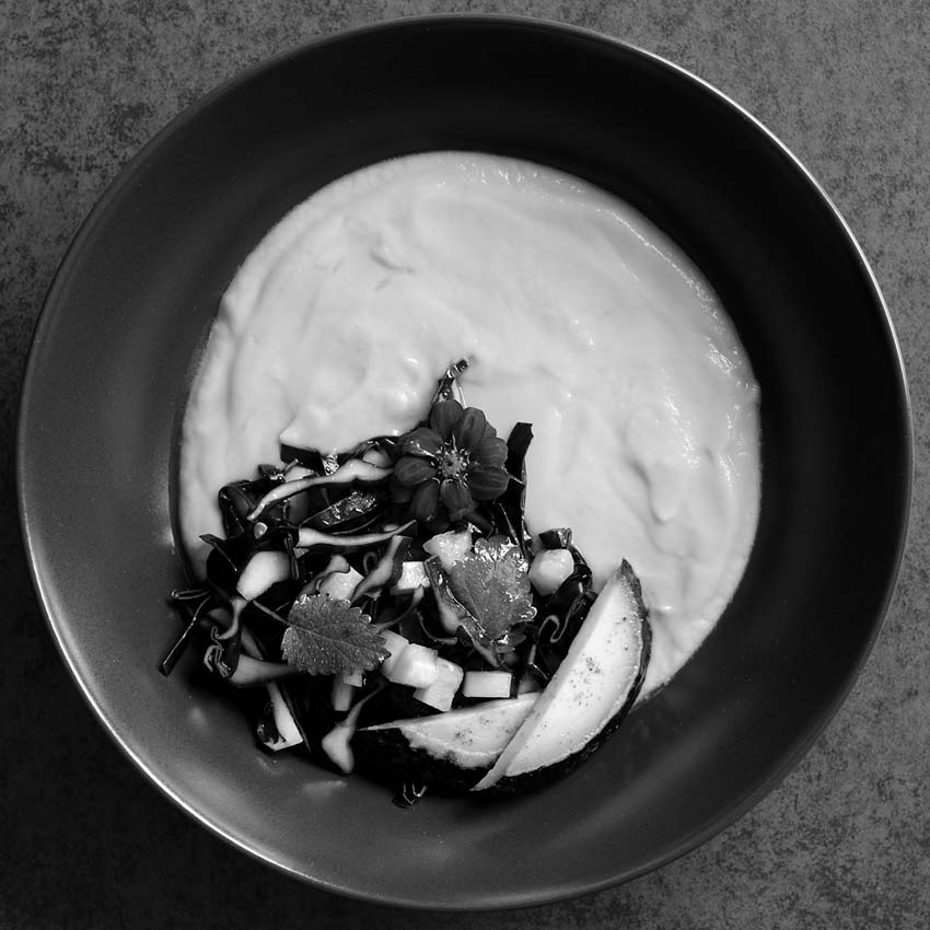 Avocado-Suppe mit Rotkrautsalat und Blume