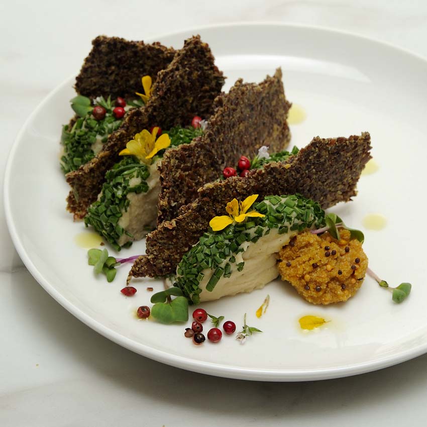 cashew-cheese with herbs, crackers and mustard on a white plate