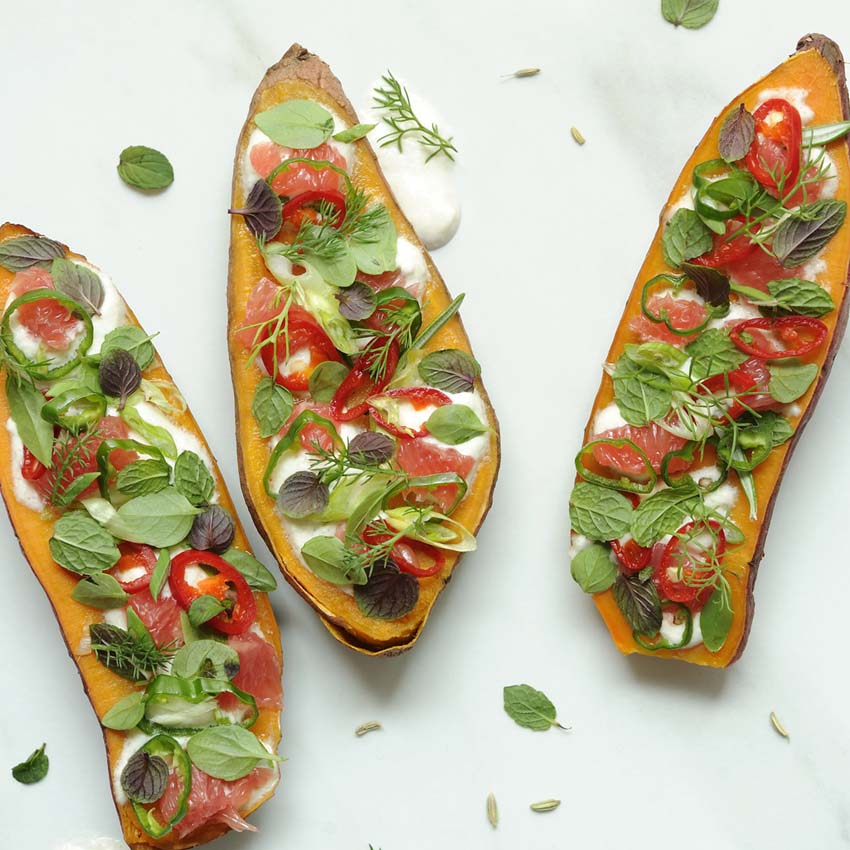fully-loaded sweetpotatoes with chilli and herbs
